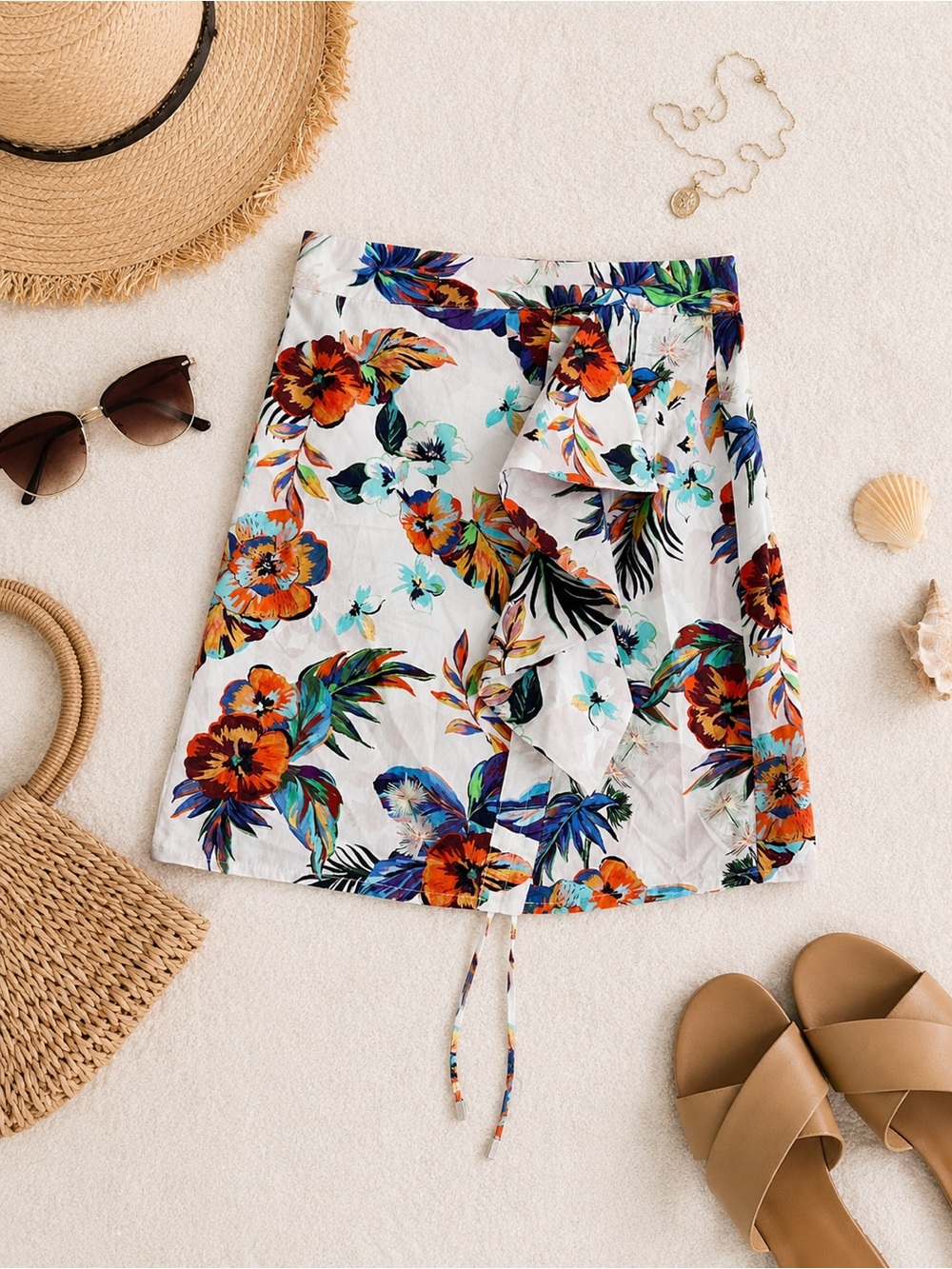 Mango Casual Tropical Floral Ruffle Skirt XS 100% Cotton